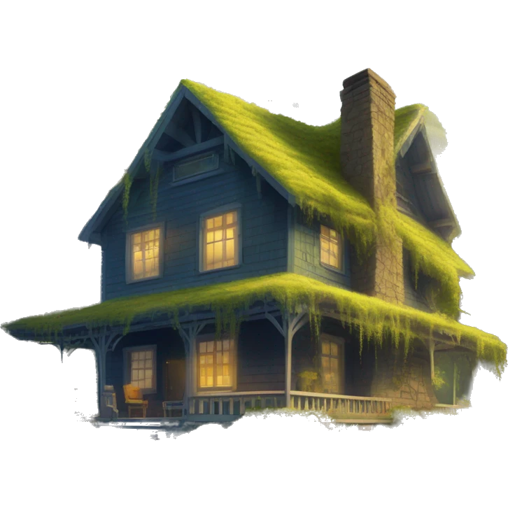 very very big Cabin near a big tree.  Thick moss growing on the roofs. The cabin thick grass fields. porch lights turned off. bright white interior lights turned on. guests sitting in chairs on the porch, flowers and bushes yellow and blue, near Scooby  emoji