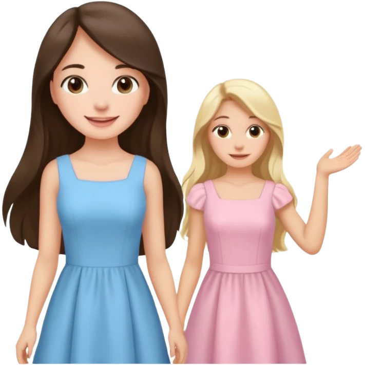 happy long hair brunette girl in light pink dress and blonde girl in light blue dress emoji