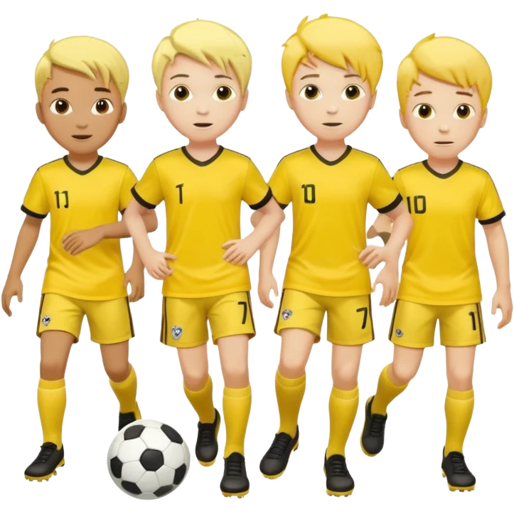 boys play soccer in yellow dress, yellow shrits, yellgow socks. others colors hair emoji