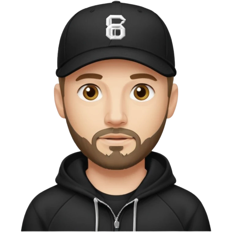 Hombre de ojos claros, con barba fina y perilla, gorra negra de baseball bordada con un 8, y sudadera negra emoji