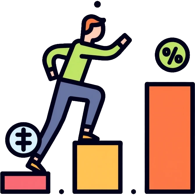 person climbing steps with increasing percentage signs emoji