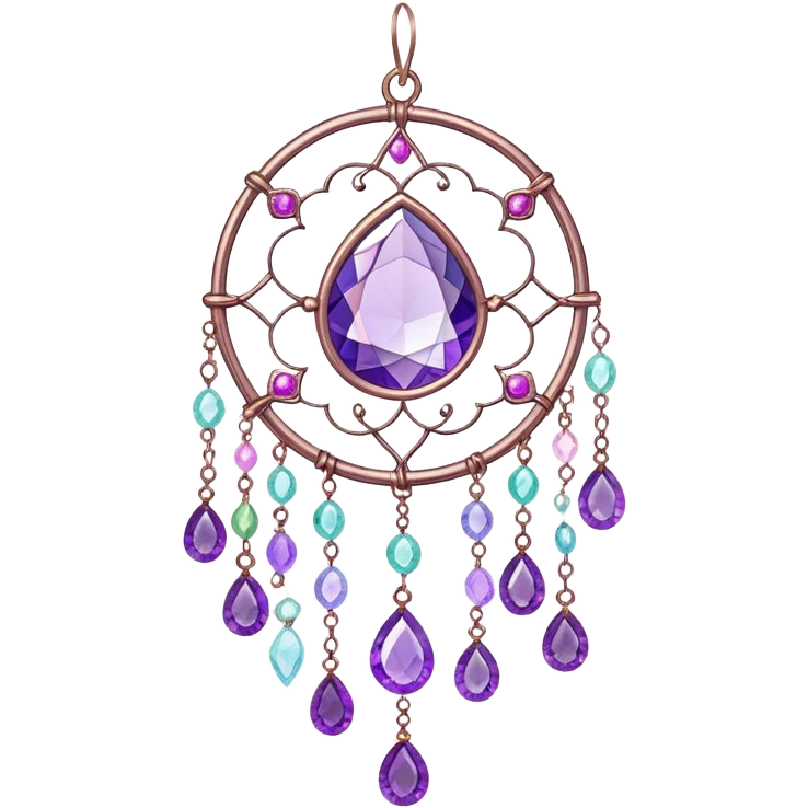 Hanging colorful pastel suncatcher, threads with shiny sparkly iridescent amethyst gemstones,  emoji
