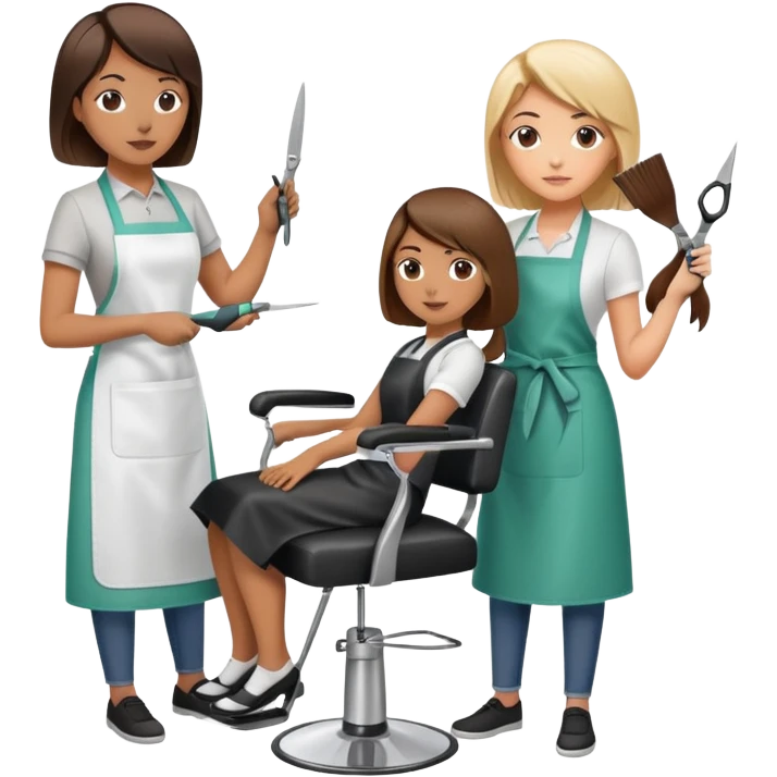 woman getting a haircut from a female hairstylist, client sitting in chair with apron, hairstylist standing behind holding scissors emoji