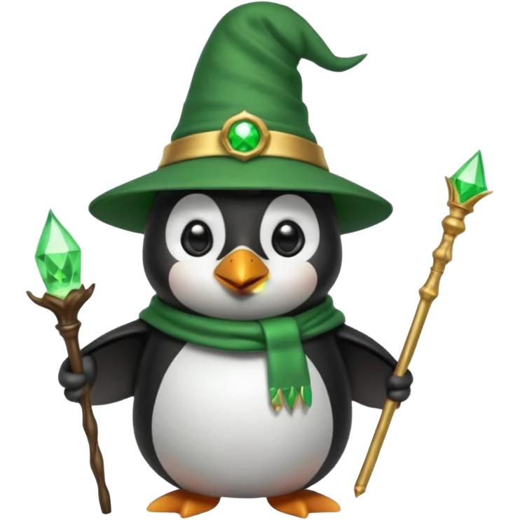 A penguin wizard with a green hat and a magic wand emoji