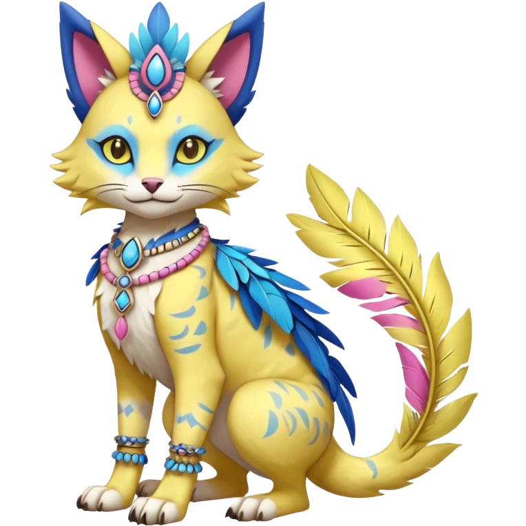 Kawaii cute yellow, blue, pink, exotic tribal beautiful pretty elegant divine edgy feline-vernid-sergal-Fakémon-Pokémon-Digimon-fursona-animal-creature with bracelet, necklace, full body, with intricate detailed markings, feather headdress  emoji