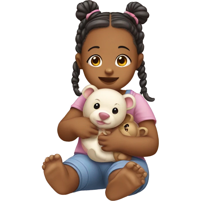 Baby girl with pigtails playing with toy bear emoji