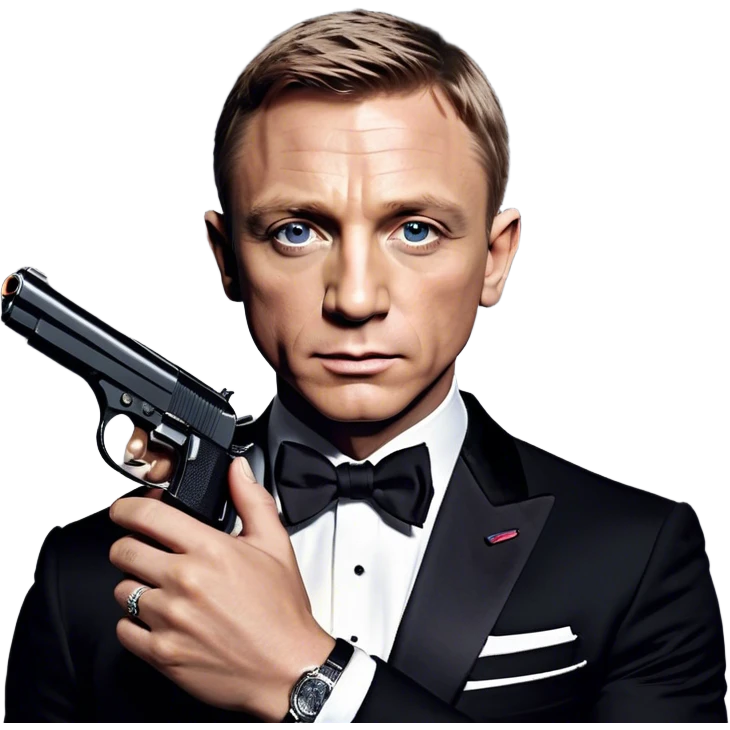 Cinematic Realistic James Bond Daniel Craig Portrait Emoji, depicted as the ultimate suave and enigmatic secret agent, donning a sharply tailored tuxedo, gripping a sleek handgun, with a piercing gaze that exudes confidence and danger. The scene is infused with moody, high-contrast cinematic lighting, evoking the thrilling world of espionage and intrigue. emoji