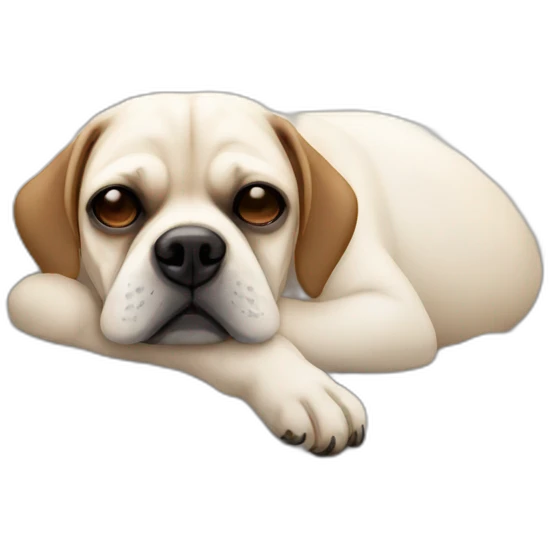 White Puggle with brown ears sleeping on bed emoji