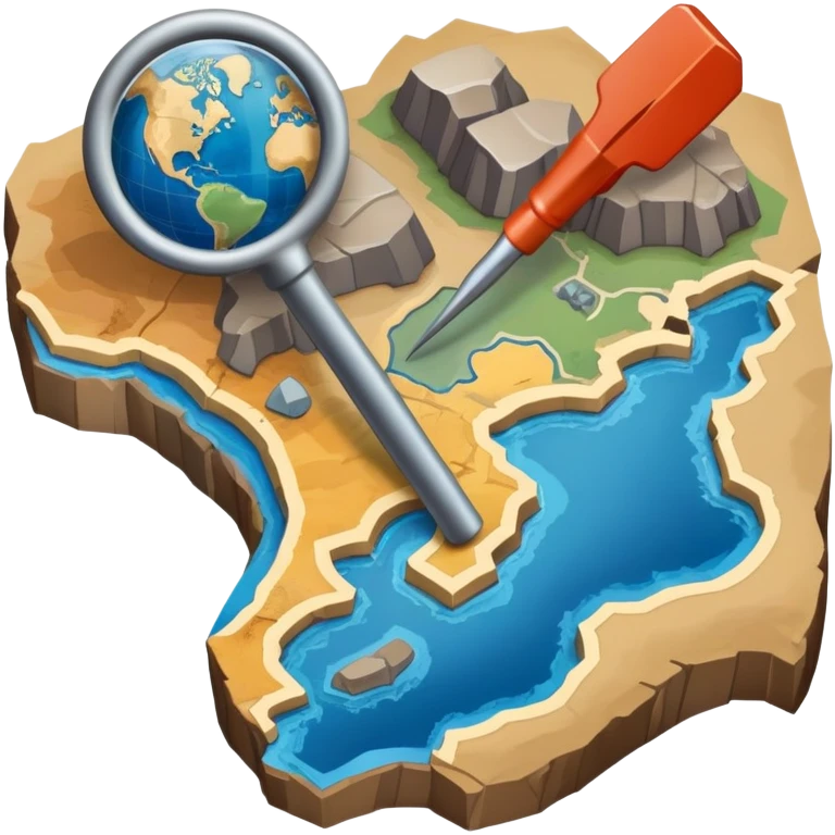 An icon featuring a crowbar and a geological map, and layers of Earth’s crust, symbolizing geology. The design includes mineral samples, fossils, and tectonic plates, representing the study of Earth’s structure and natural processes. Transparent background highlights geological exploration emoji