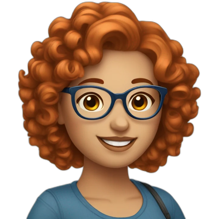 pretty curvy girl with curly copper hair and blue glasses saying hola emoji