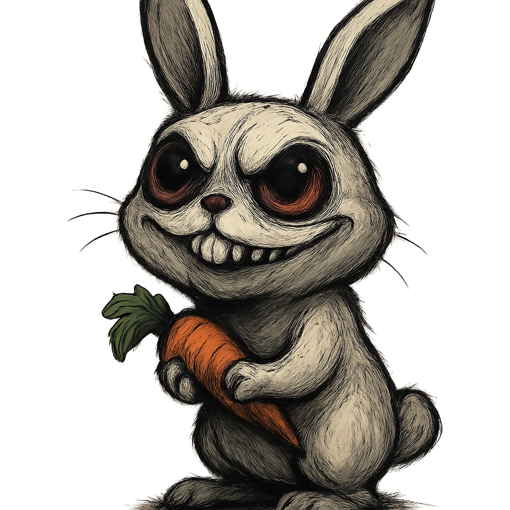 an evil white rabbit holding a carrot, looking upwards with cute big eyes, unique style emoji