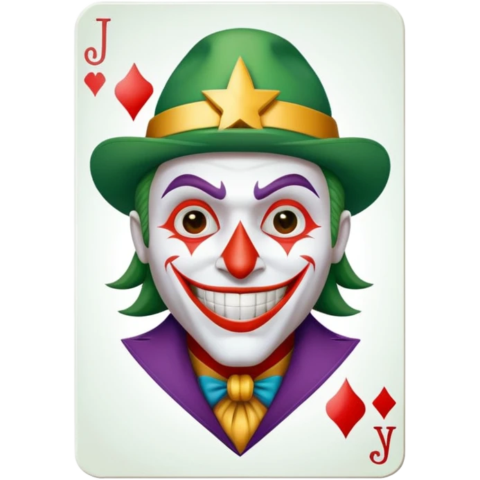 1 poker card, perfectly squared card, with crazy colorful human jolly joker inside, magic star symbol with a "J" emoji