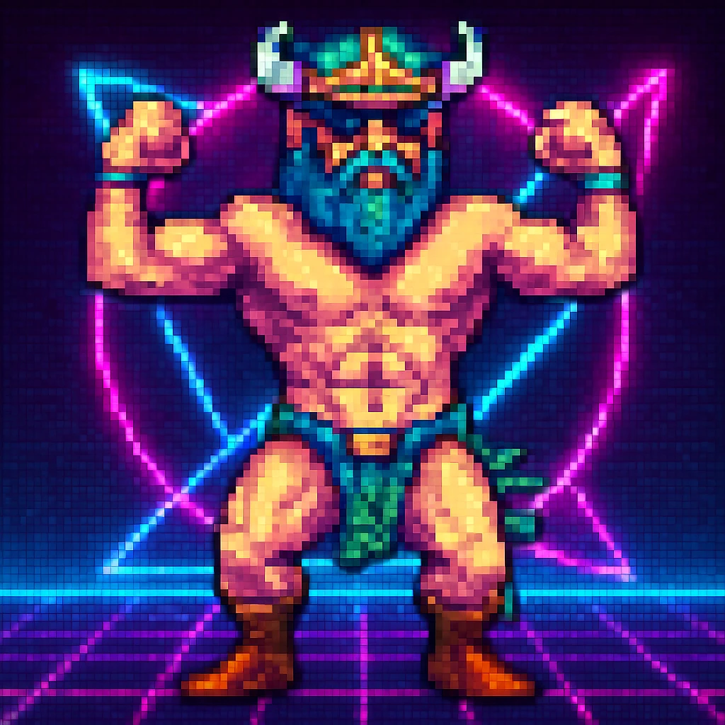 Add a neon background to the Techno Viking dancing in pixel art style. Keep the pixel art style look and feel. emoji