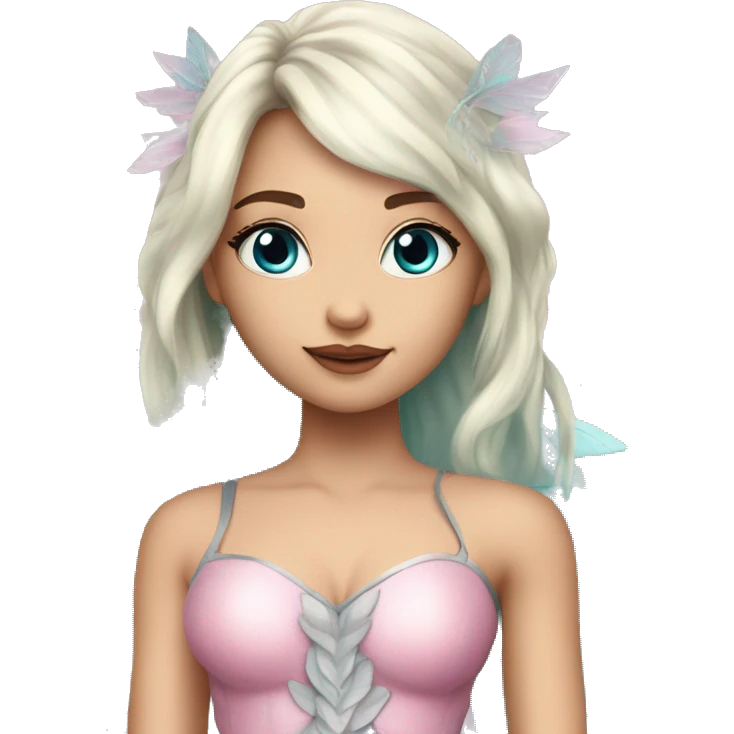 Beautiful, leaf, fairy, silver,blue eyes, beautiful makeup, pink shadows ,light skin, turqoise, pink outfit , long blond hair, big wings emoji