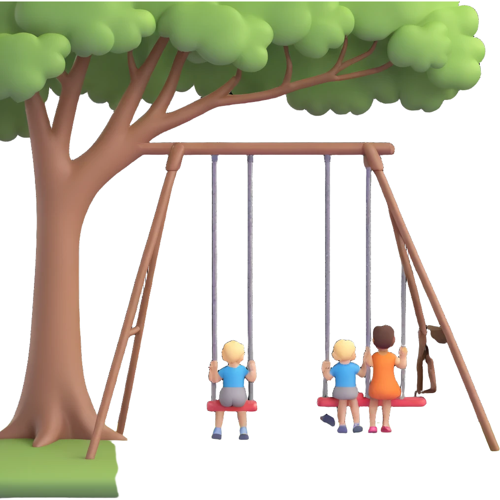 A person pushing a swing with a child sitting on it, outdoors, under a tree, in daylight. The swing is moving back and forth. Focus on the motion of swinging and the person gently pushing it emoji