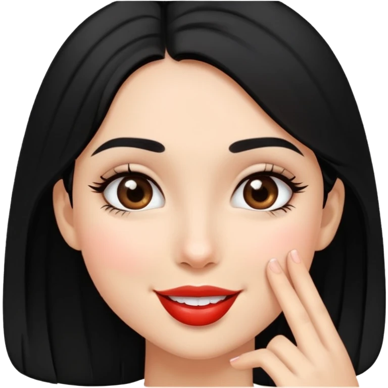 Girl with big dark brown eyes, with black hair. She is smile and gives kiss emoji