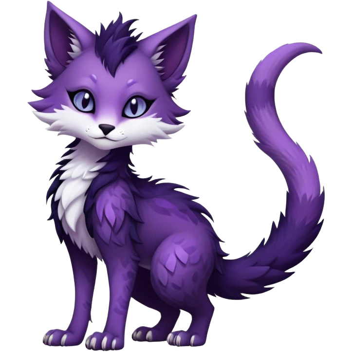 Kawaii dark purplish blackish edgy fantasy ethereal feline-vernid-sergal-fursona animal creature with a tufted tail full body with intricate markings  emoji