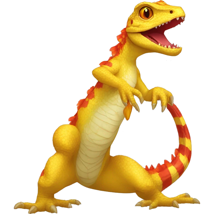 A Yellow Shiny Anthro-Scalie-Lizard-Reptile-Salamandrian-Fakémon with red stripes and orange frills Full Body emoji