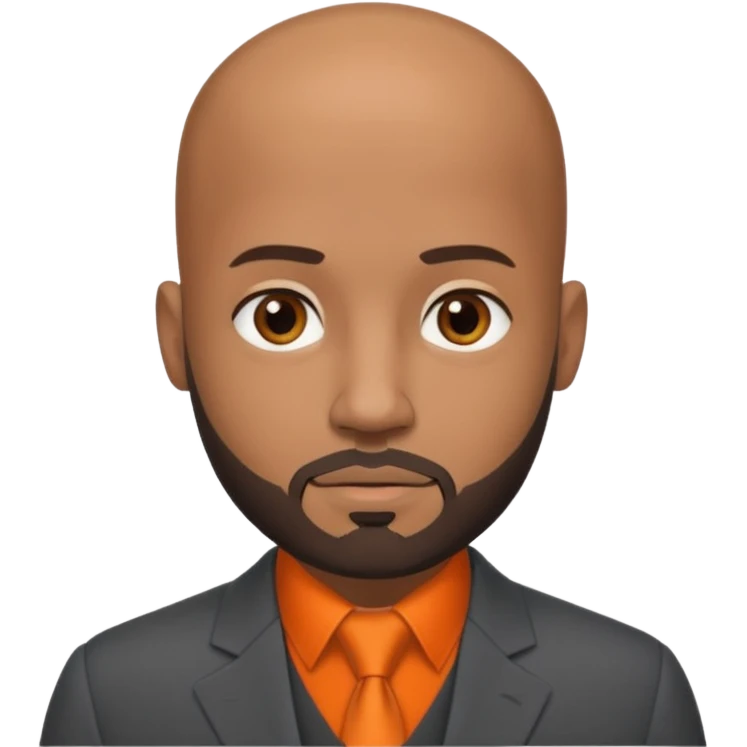 headshot of a sophisticated, stylish, bald head, small eyes Caribbean black man with a beard and goatee in a dark gray suit and orange shirt emoji