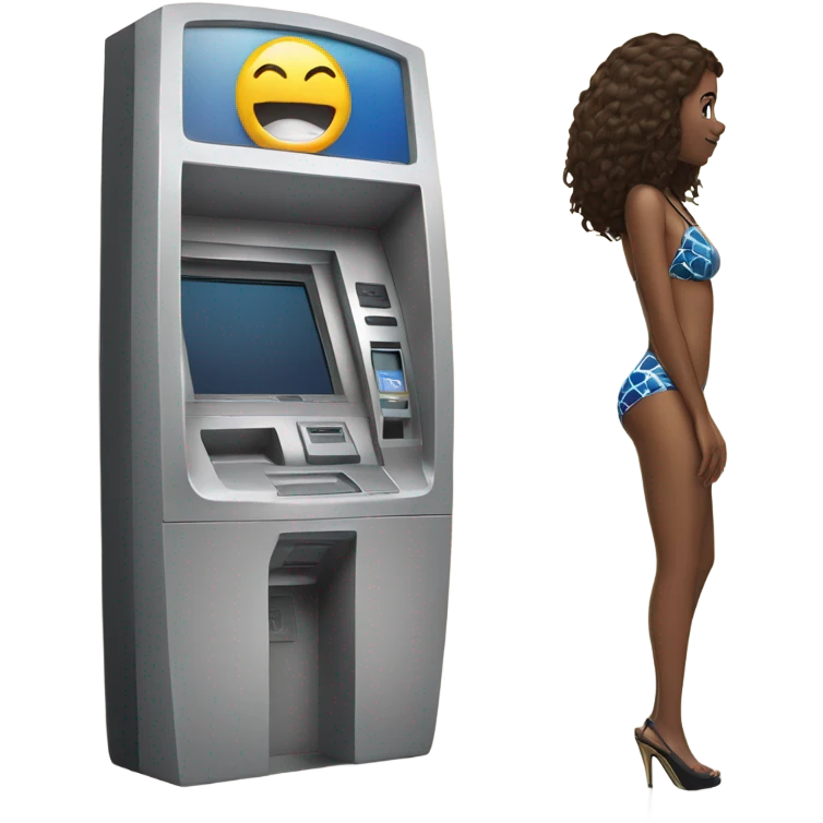 Girl in swimming suit and platform heels waiting for a man using an ATM emoji
