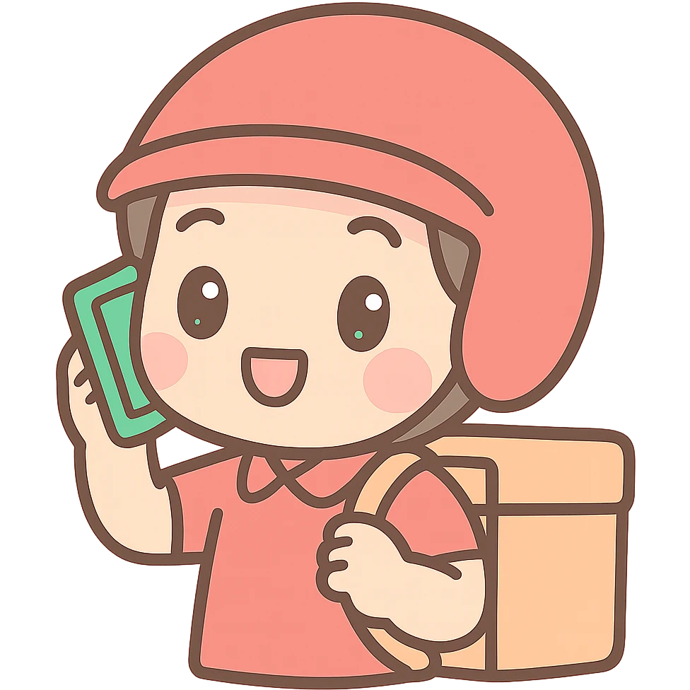 food delivery man in red, wearing red helmet, on the phone, kawaii chibi anime style, flat pastel colors, thick outlines, simple cute features, close-up emoji