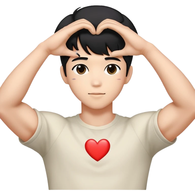Black-haired male idol forming a heart shape with his arms above his head, arms curved to make heart outline, K-pop style emoji