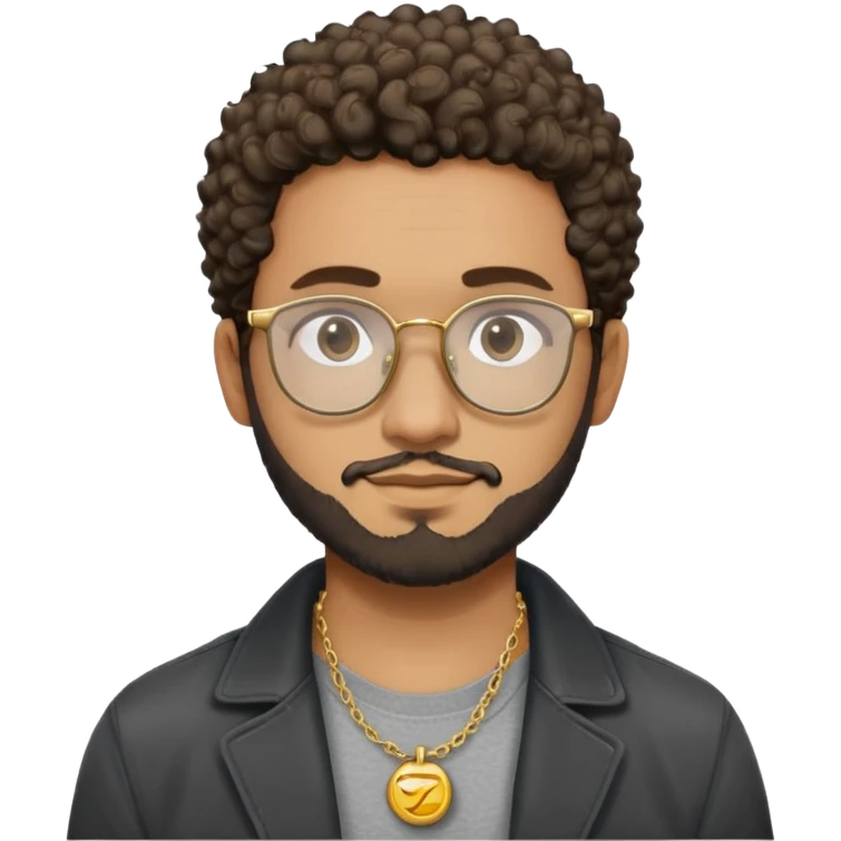 Hombre latino piel marron claro, cara ovalada, gafas redondas oscuras, barba corta, pelo corto rizado. Sonrisa leve, expresión tranquila. Camiseta gris, jacket negro abierto, collar dorado emoji