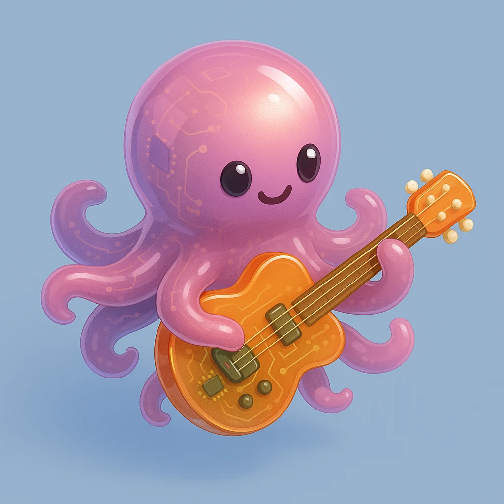 happy octopus with multiple arms playing guitar emoji