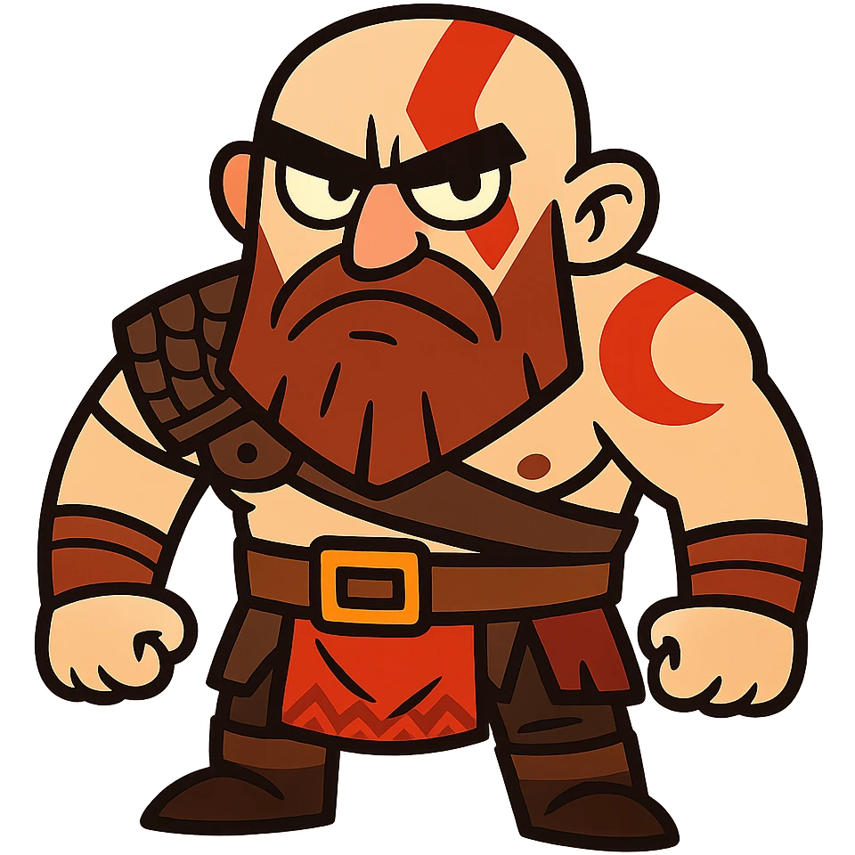 Funny cartoon version of Kratos with exaggerated features, looking grumpy emoji