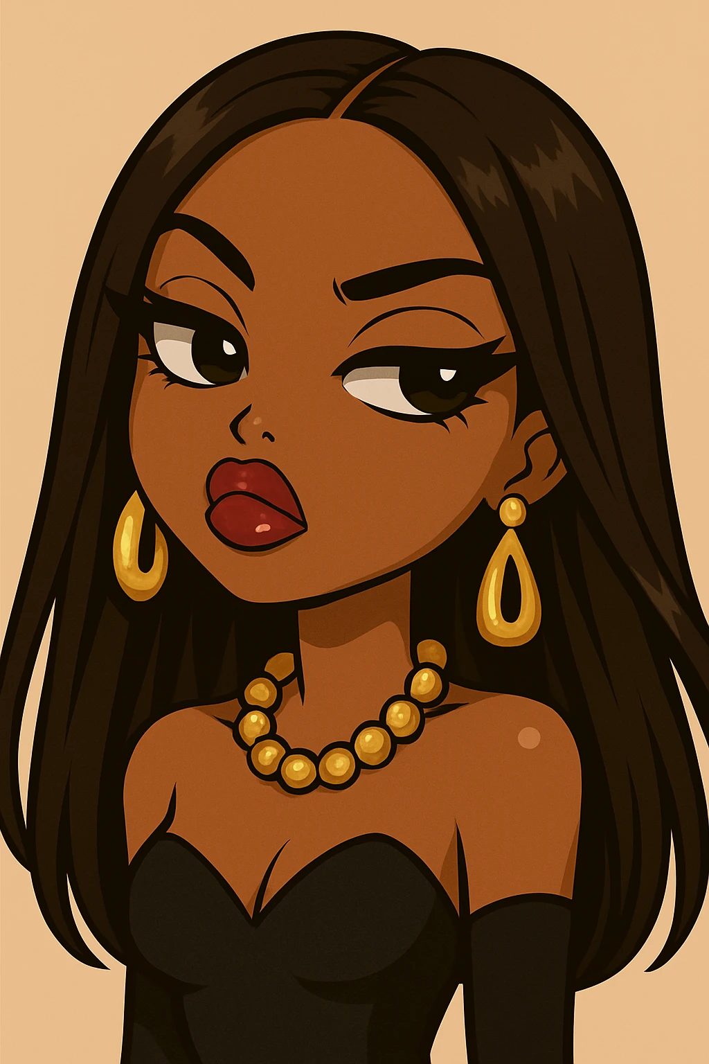 Headshot only of a 20-year-old anime Bratz style woman with dark skin and straight hair, wearing glamorous evening wear. She has big expressive eyes, glossy lips, no hat, no tears, and a confident, aloof expression with a snooty attitude and her nose turned up. emoji