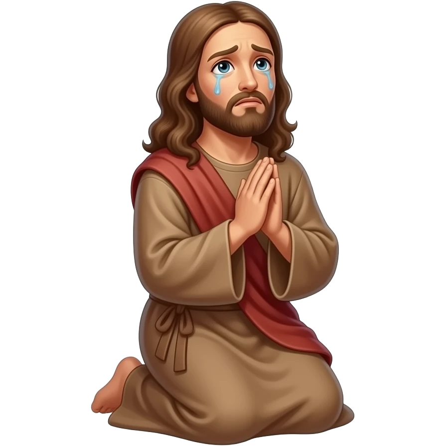 Jesus with a halo looking up worried with tears and praying on his knees to God emoji