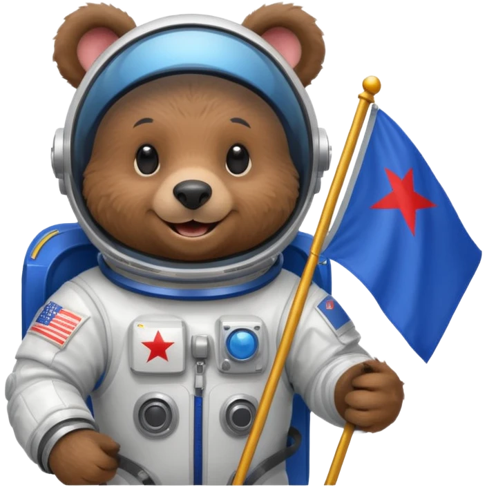 black bear in space suit, holding blue rectangle flag emoji