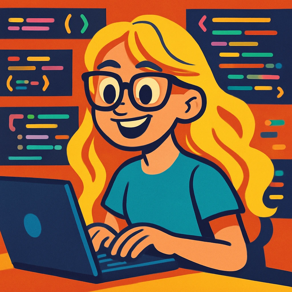 Sabrina Carpenter as a programmer, typing on a laptop, wearing glasses, surrounded by code, energetic vibe, colorful style emoji