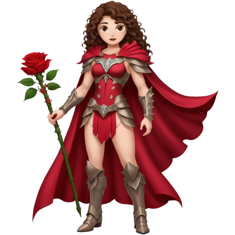 full body woman long curly brown hair brown eyes white skin tattoos muscular build rose thorn armor and petal cape emoji