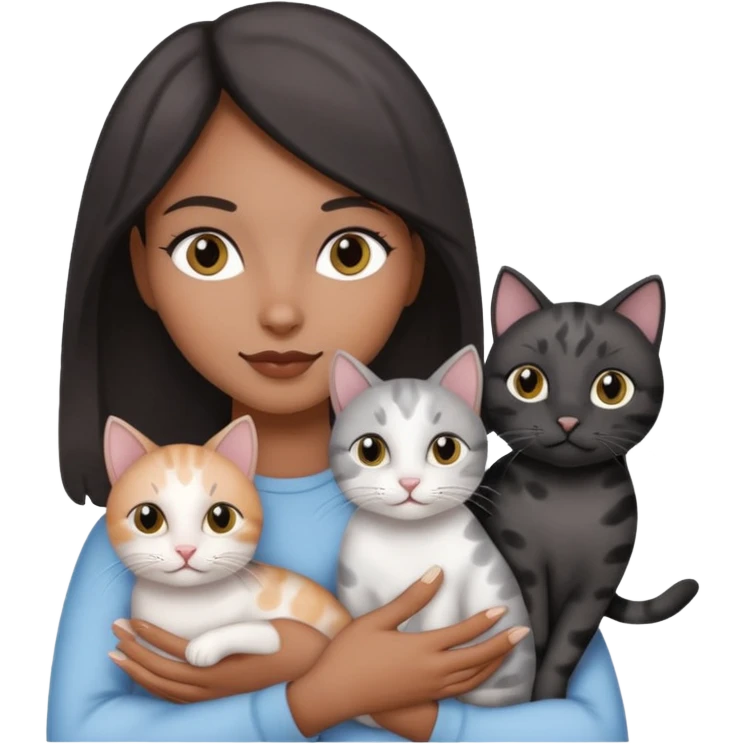 a woman is holding three cats, first cat is black, second cat is gray, third cat is gray white spots emoji