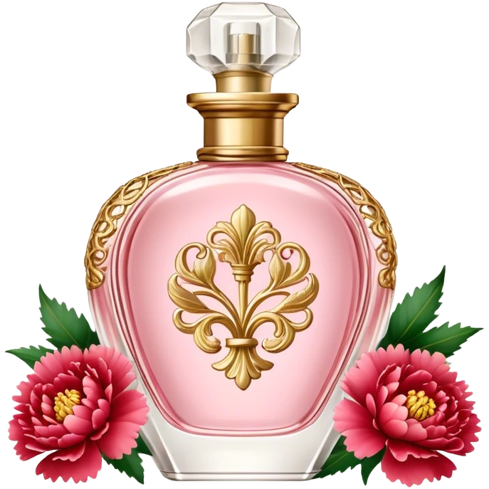 A delicate vintage perfume bottle in soft Petal Pink, adorned with intricate gold detailing, sits elegantly on a vanity. Surrounding it are lush Strawberry Red carnations, their velvety petals adding a rich contrast. The scene is bathed in warm, diffused light, evoking timeless glamour and romance. emoji