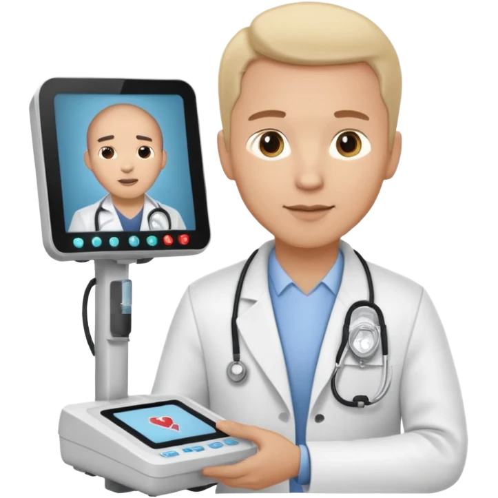 Cardiac sonographer male long white coat GE machine emoji