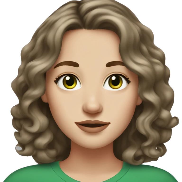 Brunette white girl with green eyes and medium length loose waves in hair and freckles on nose emoji