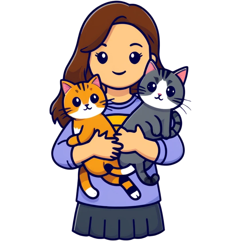tan girl with long brown hair holding two cats, one black cat and one grey-striped cat emoji