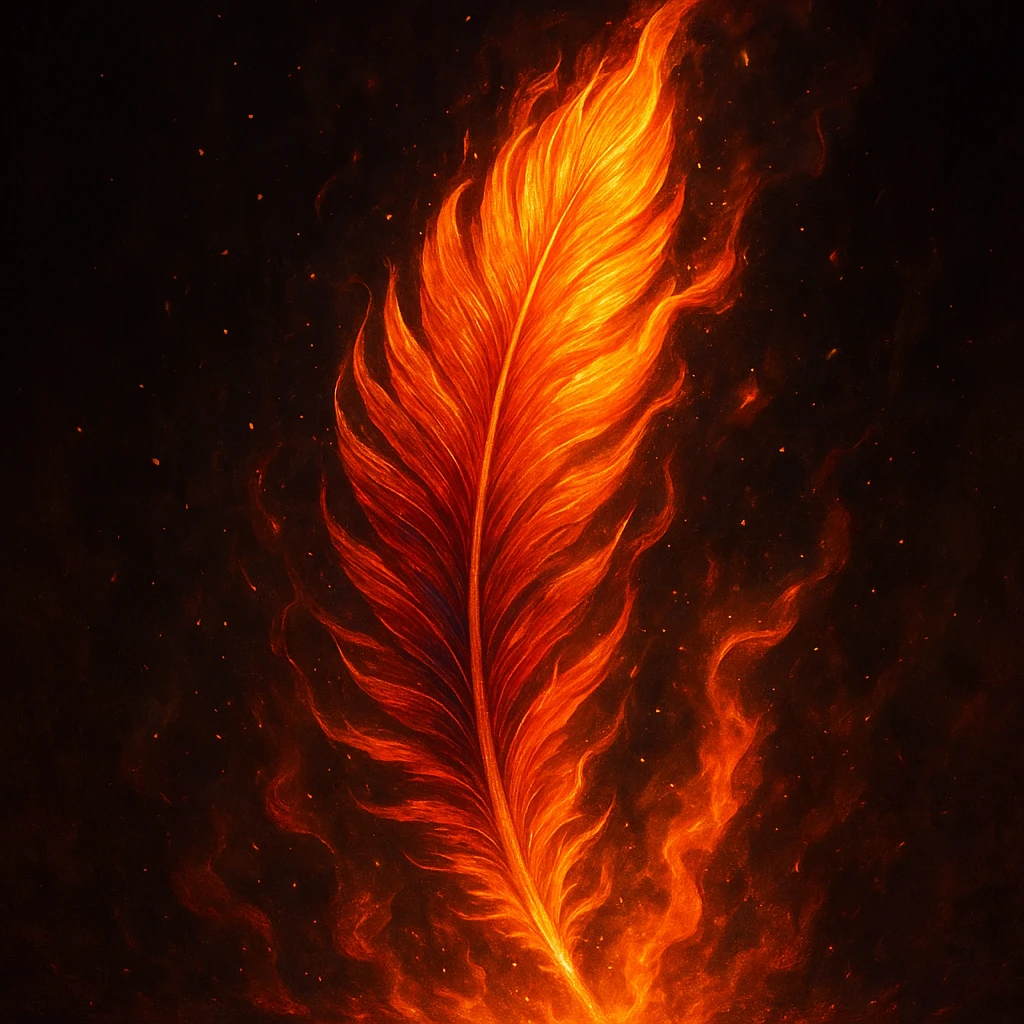 fiery phoenix feather, glowing with flames, highly detailed, vibrant colors, magical and intense atmosphere emoji
