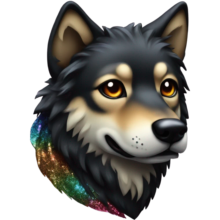 Wolf dog all black and rainbow glitter fur emoji