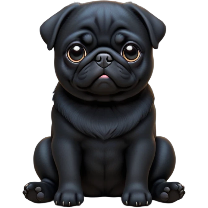 cinematic-[black pug]-realistic-full-body-sitting-emoji,-tail-resting-loosely-beside-its-paws,-head-tilted-dramatically, -sleek-[black]-fur,-simplified-yet-realistic-focused-features,-highly-detailed,-glowing-with-an-almost-sarcastic-glow emoji
