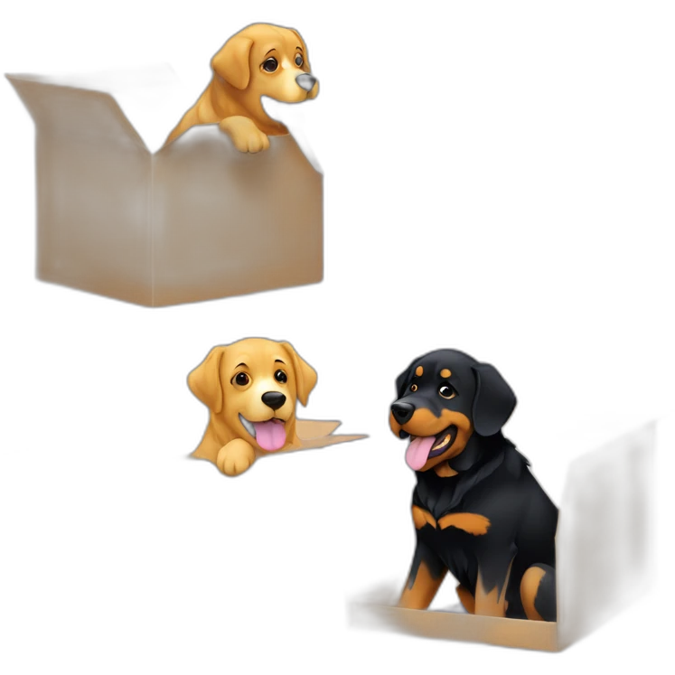 A Rottweiller hugging golden retriever in box emoji