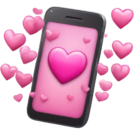Smartphone with pink Heart on the screen, on the sides an above are some more hearts flying  emoji
