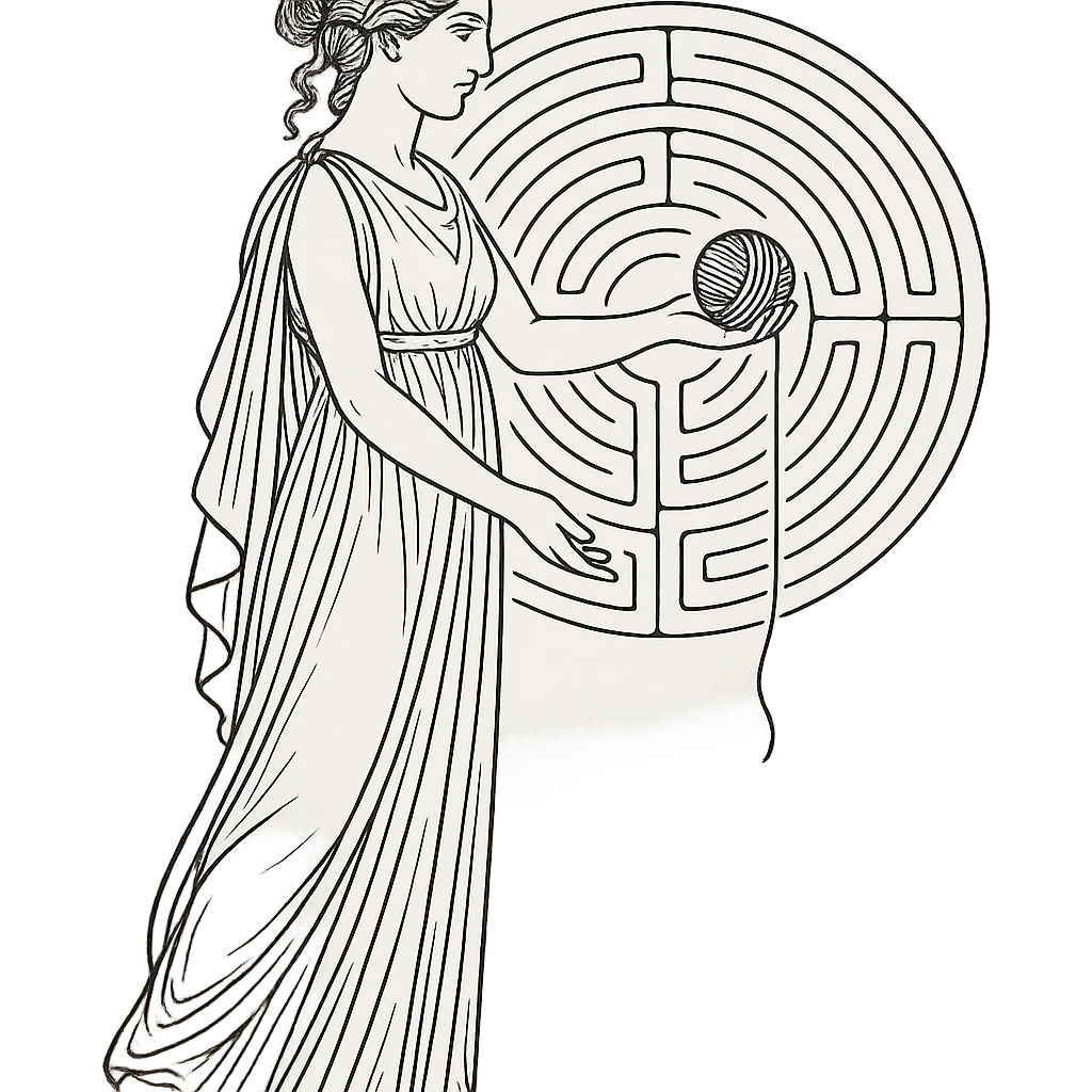 Ariadne from Greek mythology, offering a ball of thread, wearing a flowing dress, with a labyrinth in the background emoji