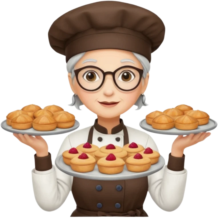 Older female pastry chef – round glasses, oven mitts on, holding a tray of pastries.

 emoji