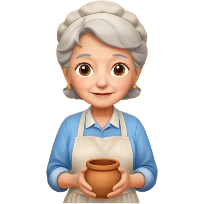 cartoon Apple iOS emoji style rural elderly woman, pastel colors, Chilean wooden kitchen background, clay pots, warm light, detailed and clean vector art emoji