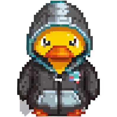 black rubber duck with tiny hoodie, hacker emoji