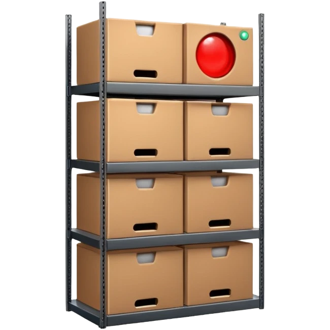 industrial shelf with cartons and a glowing dot above like a traffic light emoji
