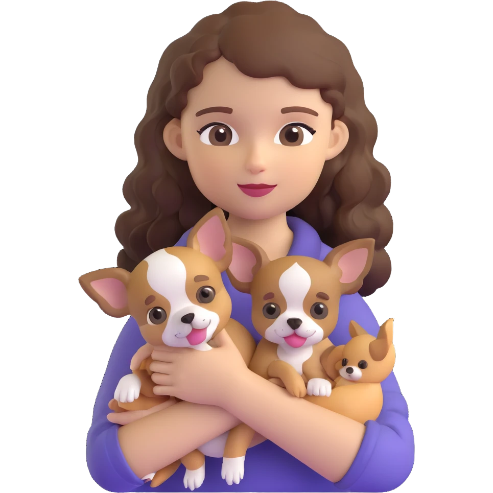 white girl with curly brown hair holding a chihuahua puppy emoji